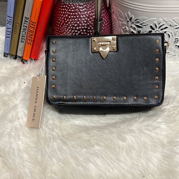 Hanna Grace Handbags - Hanna Grace Black Gold Hardware Studded Chain Strap Small Crossbody Purse